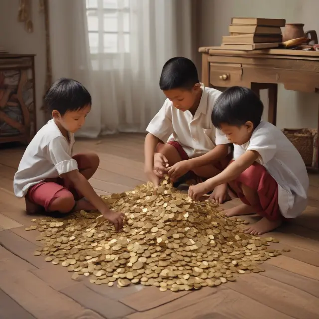 Children crafting a golden blanket with coins - depicting the intricacies in assessing per capita income