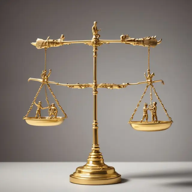 Golden scale balanced between wealth and knowledge, with children playing nearby, representing per capita income.