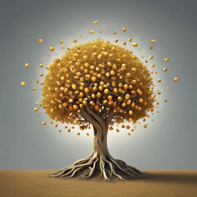 Golden tree with income fruits for retirement and roots symbolizing security