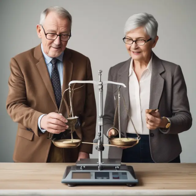 Two seniors assessing a scale filled with investment options, including stocks, bonds, mutual funds, and an income annuity, to determine the best choice for their retirement.