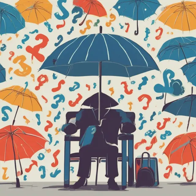 A retiree sits pondering under an umbrella, surrounded by question marks, reflecting common inquiries about income annuities