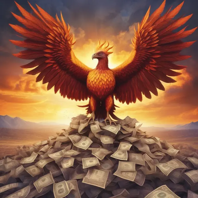 Majestic Phoenix rising from a mound of investment contracts, representing institutional adoption and utilization of income annuities.