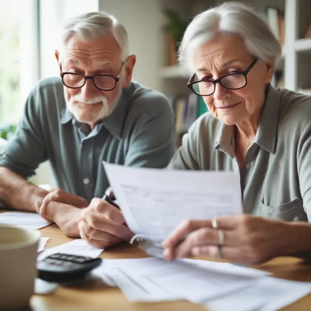 Two seniors discussing taxes with an IRA rollover check and a golden income annuity