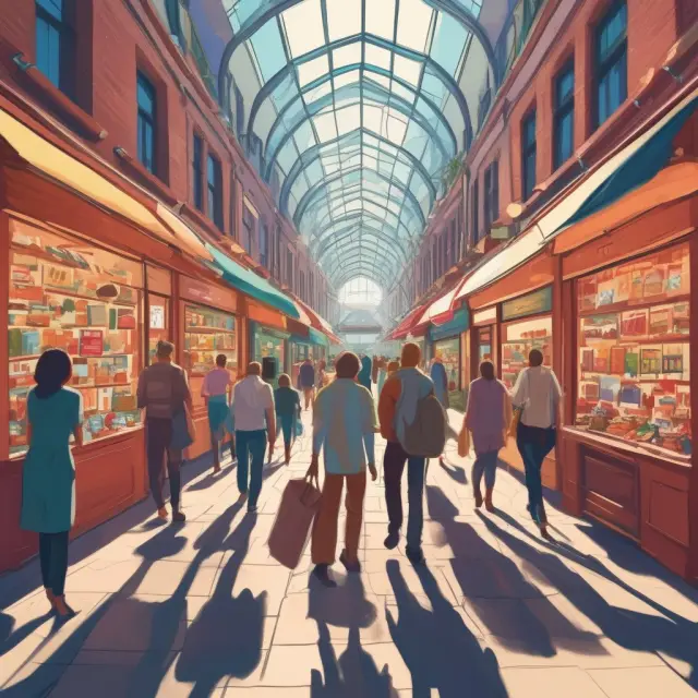 An image of a bustling marketplace filled with income annuity providers, with shoppers comparing rates and seeking advice from a financial advisor