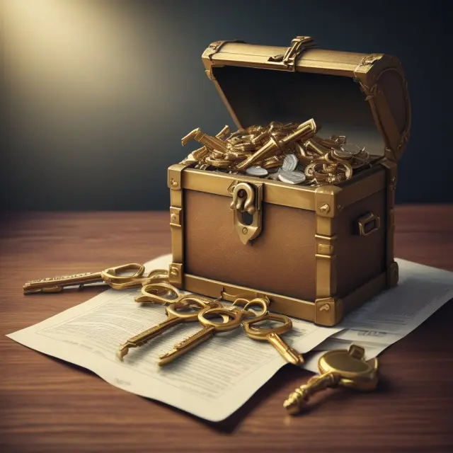 Golden key accessing treasure chest with income properties, tax papers