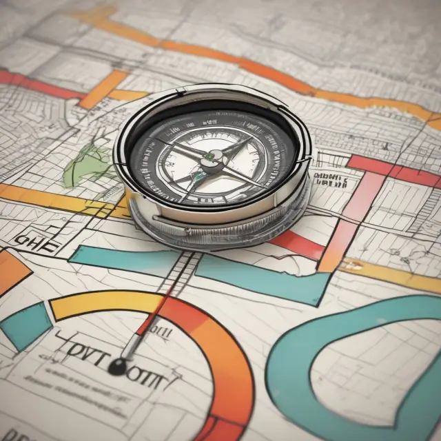 An investor holding a compass navigates through market research, mortgage options, and maintenance budget.