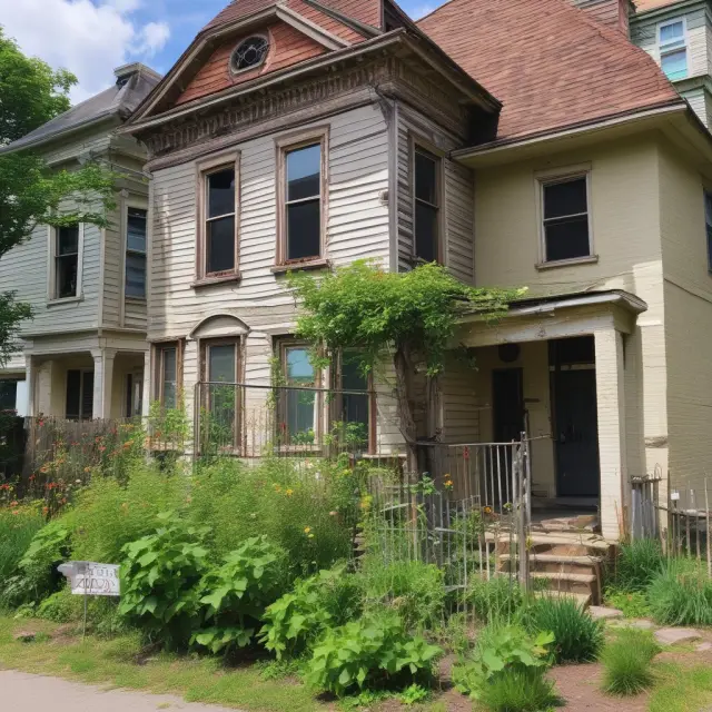 An overgrown, run-down house transformed into a thriving garden with blooming flowers and fruit trees, symbolizing the potential for lucrative renovation projects on income properties.
