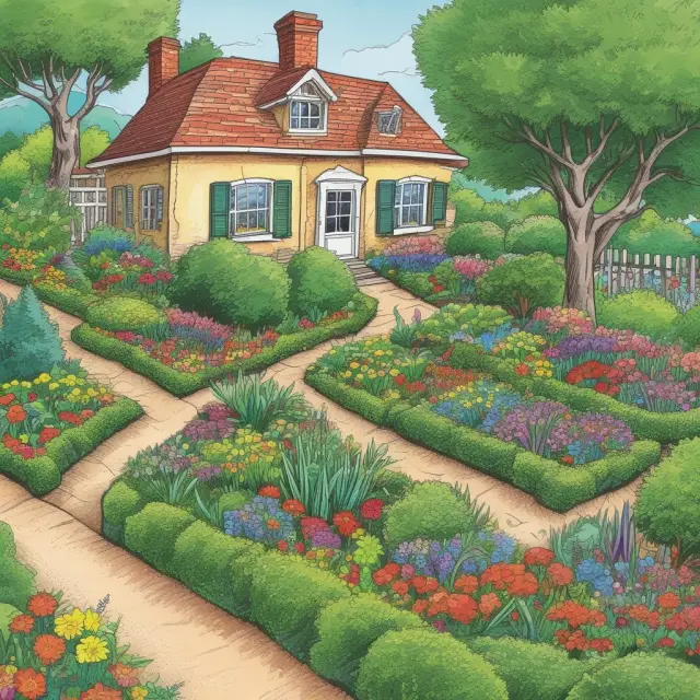 A flourishing garden filled with blooming plants representing successful income property investors, each tending to their unique properties