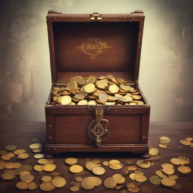 Image of a scale with coins representing inheritance on one side and gold coins symbolizing IRD on the other, both contained within an old chest.