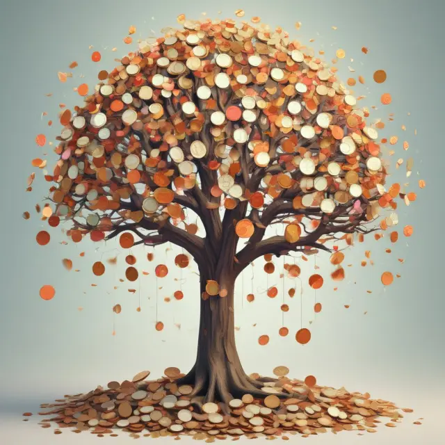 A tree filled with golden coins representing income blossoms, illustrating the concept of the income effect.