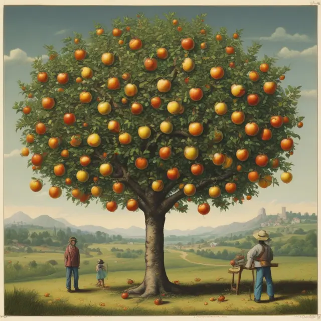 A fruitful apple tree symbolizing income growth and consumers picking an assortment of normal goods