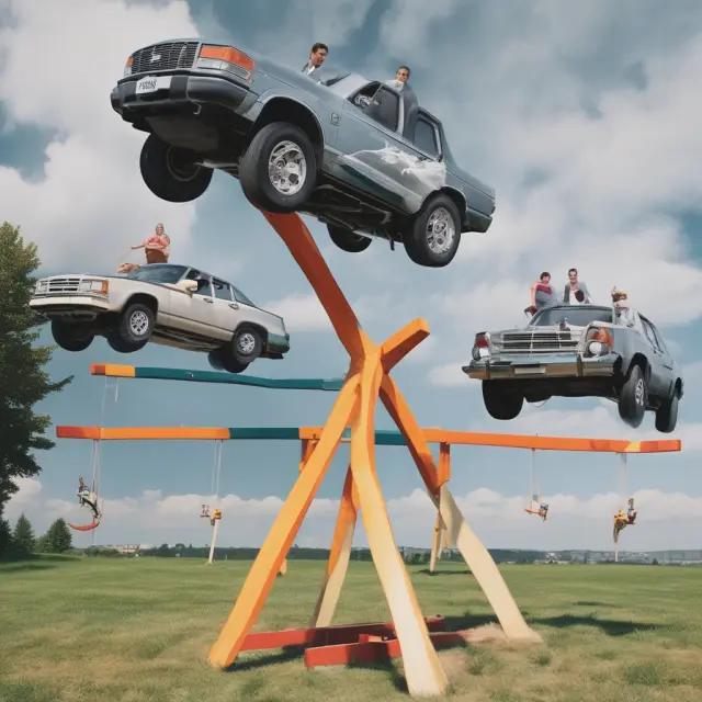 Customers with cars stand on opposite ends of a seesaw, illustrating income elasticity of demand for a car dealership