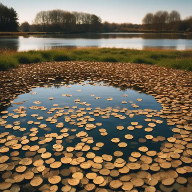Golden coins in a tranquil pond symbolizing low-risk money market funds.