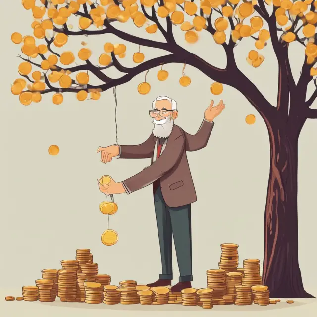 A wise retiree collecting gold coins falling from the branches of a robust, fruitful tree representing diverse equity income funds