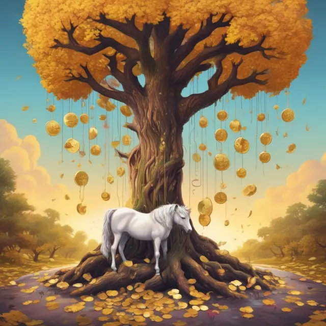 An MLP as a golden tree with abundant cash-dripping leaves, rooted in energy infrastructure