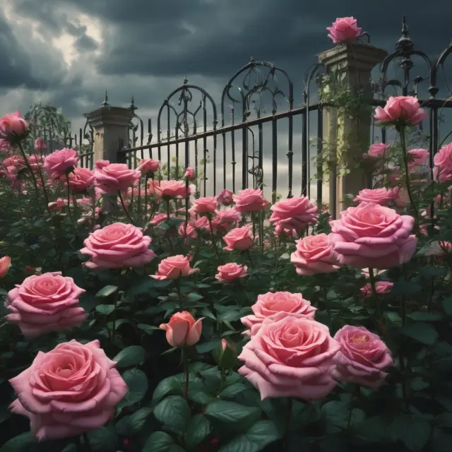 An image of a tranquil garden filled with preferred stocks represented by sturdy roses, while common stocks are depicted as tumultuous storms in the background