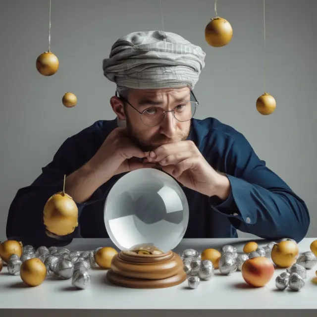 An investor weighs decisions between a golden apple (income-weighted indexing), silver coins (yield enhancement), and a crystal ball (total return investing) to maximize income generation and growth