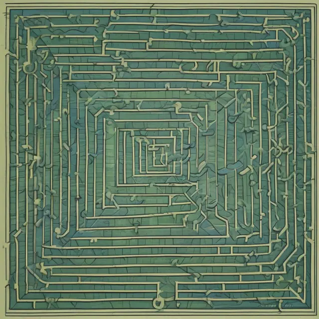 Intricate maze showing primary (green) and secondary (blue) expenses interconnected with losses as dark spots, illustrating a business
