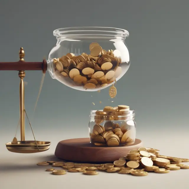 Gold coins representing net income pouring into a jar from a balance scale with revenue and expenses