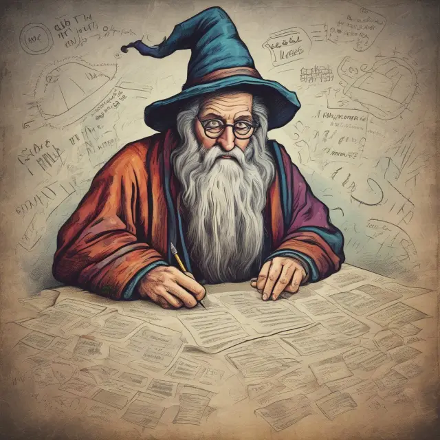 Financial wizard interpreting an intricate income statement, with question marks morphing into revenues, gains, expenses, and losses