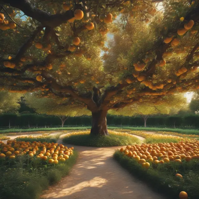 An image of a serene garden with golden apples hanging from dividend-yielding trees and tranquil waters symbolizing low volatility income stocks