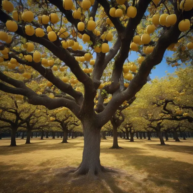 A grove filled with ancient, golden-hued trees representing Dividend Aristocrats and Champions, their branches laden with apples symbolizing dependable dividends