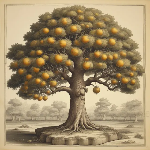 Golden fruits representing dividends growing on a strong ancient tree symbolizing income stocks