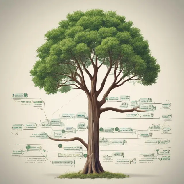 A dynamic timeline transforming into a tree illustrating the history and evolution of income taxes in the US.