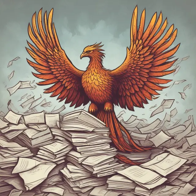 An iconic phoenix bird rises from a mound of documents, symbolizing the process of preparing and filing income taxes