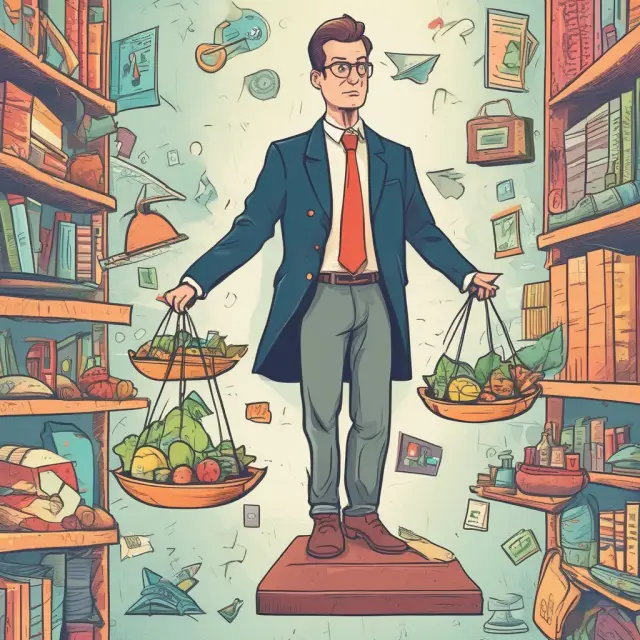 An entrepreneur weighs the pros and cons of various business structures - sole proprietorships, partnerships, corporations, S-corporations, and LLCs - in a bustling marketplace