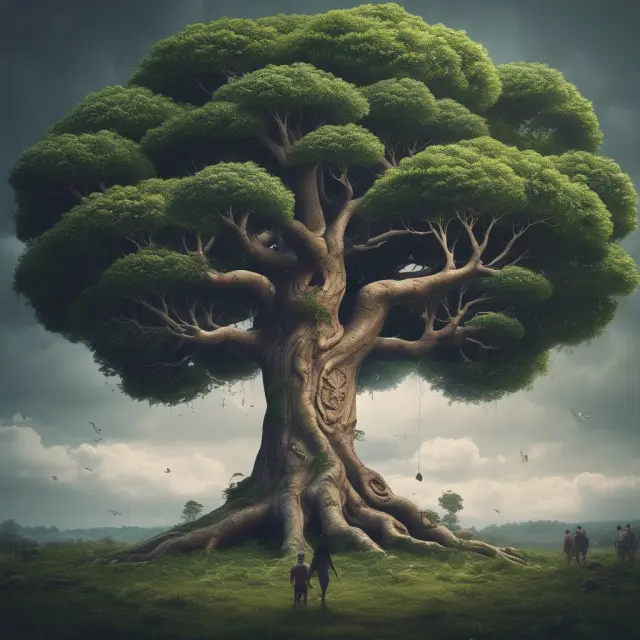 A sturdy tree with roots symbolizing a registered agent safeguards a corporation by accepting crucial documents at its base