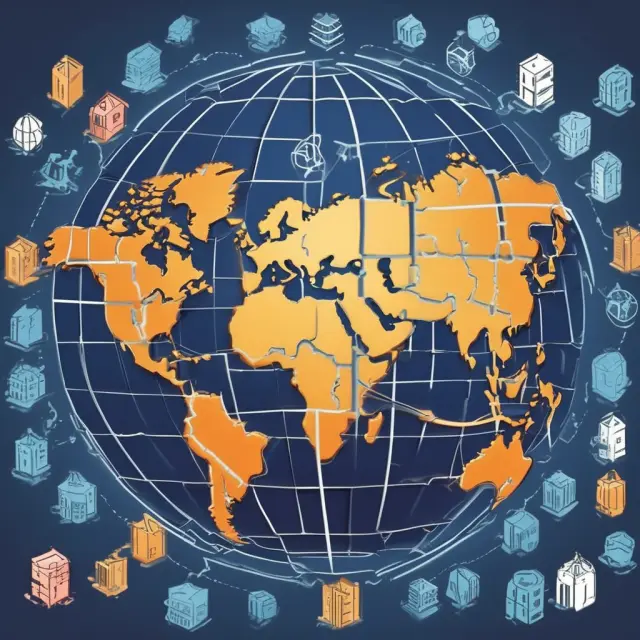 Transparent globe with Incoterms puzzle pieces connecting countries, illustrating international trade standardization