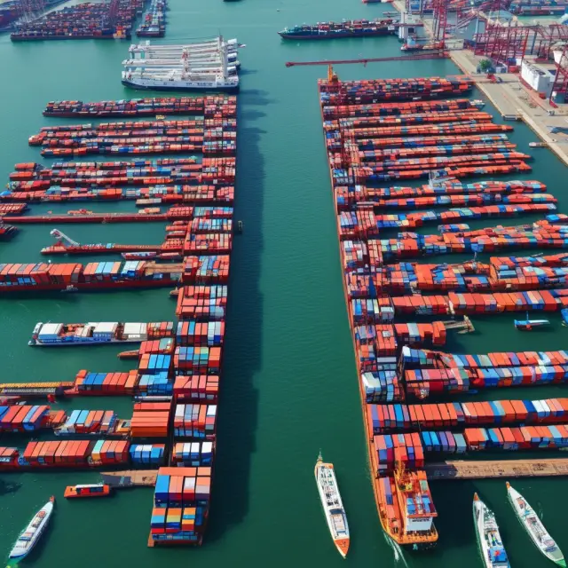 A scene of various ships at a busy harbor, each labeled with FAS, FOB, CFR, or CIF to represent the different Incoterms in sea freight transactions.
