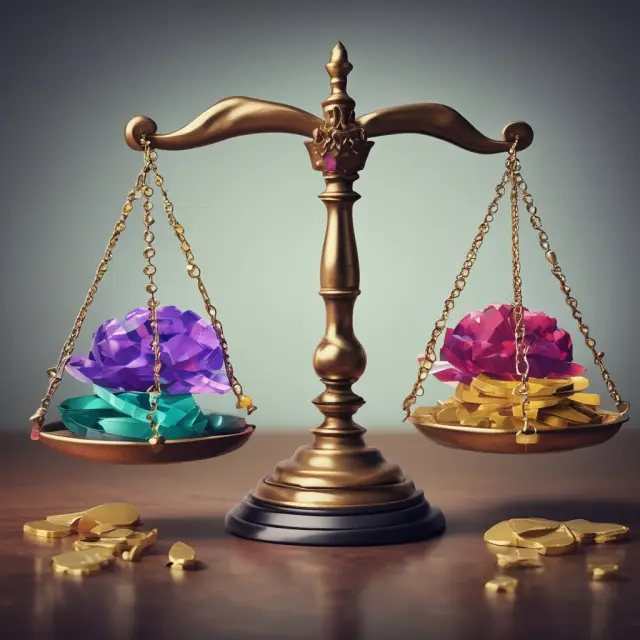 Golden scales with gems and currencies symbolizing the balance between costs of debt and equity
