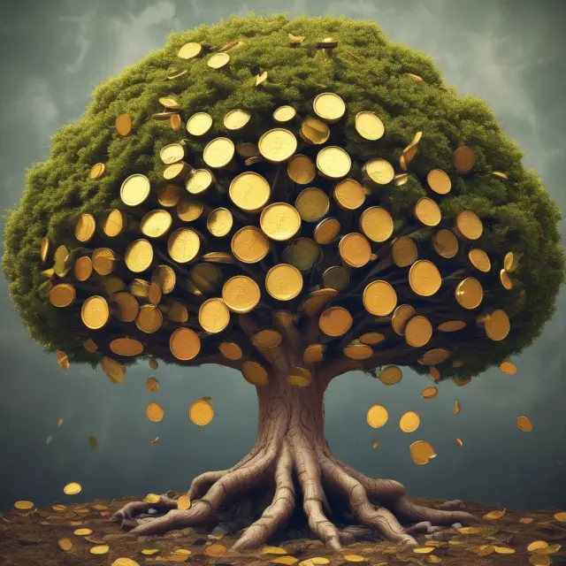 Tree with gold coins, symbolizing incremental cash flows, growing within a vibrant investment portfolio garden.