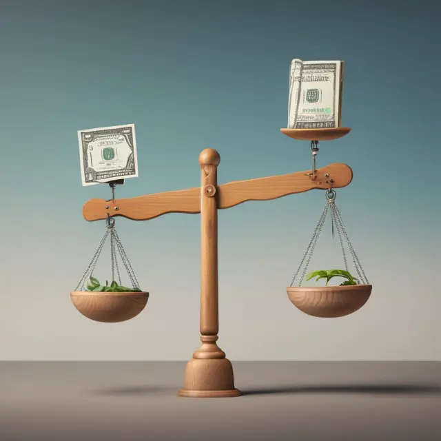 Seesaw with a dollar sign (incremental cost) vs. scale (average cost) illustrating their roles in business profitability.
