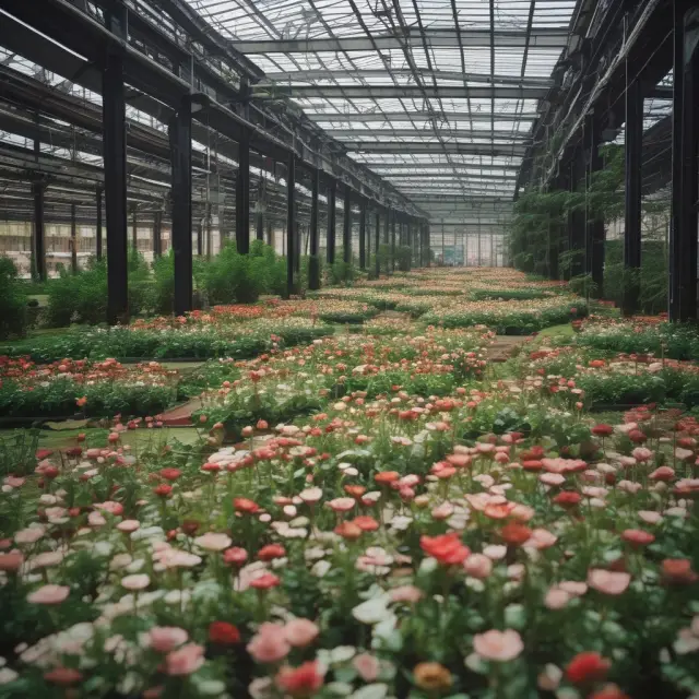 A factory transitioning from a barren landscape to a flourishing garden as production increases, representing cost savings and operational efficiencies through economies of scale.