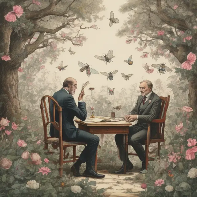 A lush secret garden filled with blooming flowers representing directors and officers; a notary bee confirms their valid signatures