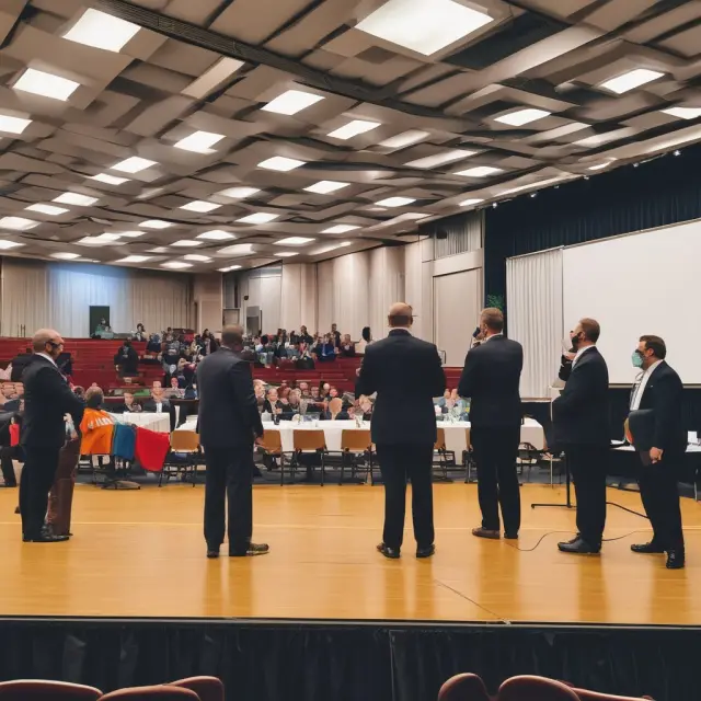 Officers and directors on stage, holding incumbency certificates. A notary validates their signatures in the background, confirming their legitimate representation of companies.