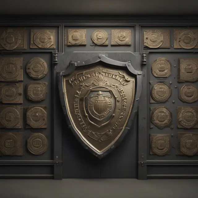 Shield of incumbency certificates protecting a secure bank vault, symbolizing financial security and authentication