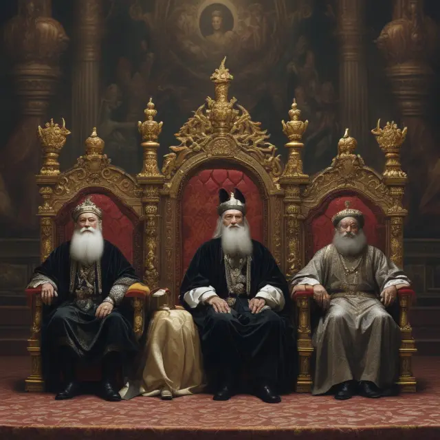 A group of business leaders depicted as regal figures sitting on throne-like chairs, symbolizing their dominance in their respective industries and markets.