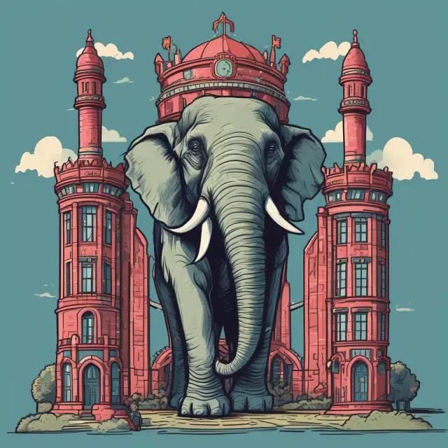 An elephant, symbolizing an incumbent company, stands guard over a castle, representing industry dominance and the challenges faced by new entrants