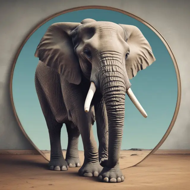 An incumbent elephant examines its reflection, symbolizing the need for change and accountability within democratic structures.