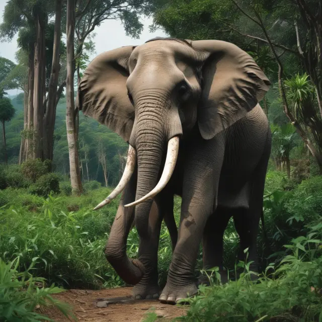 An incumbent elephant standing proudly in a lush jungle, representing the power and influence of established businesses and politicians