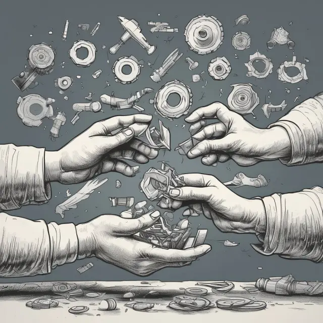 Hands shaking with replacement parts between them, depicting cash or in-kind indemnity