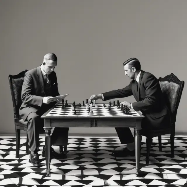 Two figures strategize over a chessboard filled with indemnity agreement pieces, illustrating the complexities and challenges of negotiations.