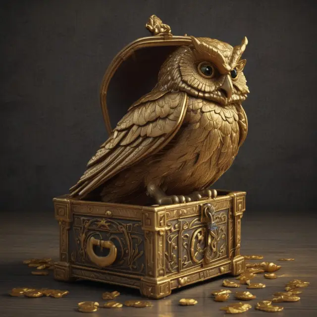 Owl-guarded treasure chest with golden question marks: FAQ section on indemnity insurance