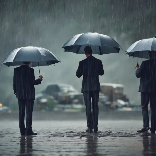 Professionals holding protective umbrellas amidst a shower of legal documents, representing the shielding effect of indemnity insurance.