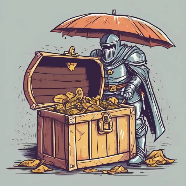 Knight holding shield with umbrella labeled 