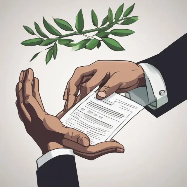Hand offering olive branch over open book and contract, representing indemnity insurance claims process